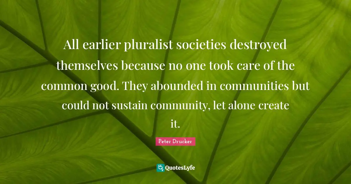 All earlier pluralist societies destroyed themselves because no one took care of the common good. They abounded in communities but could not sustain community, let alone create it.