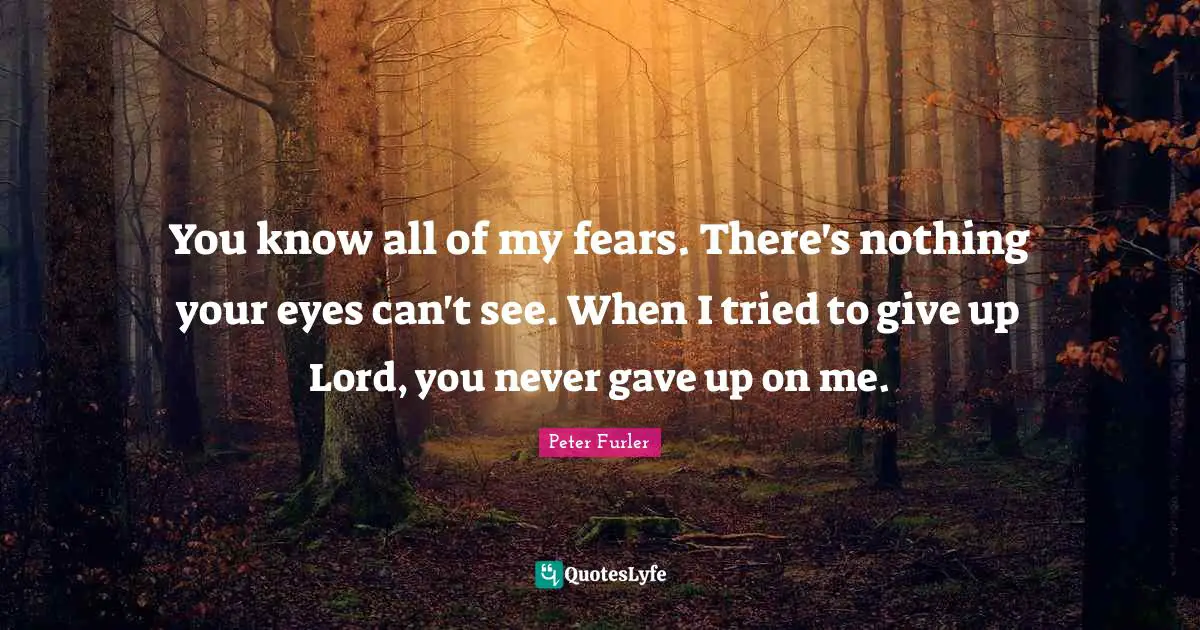 You know all of my fears. There's nothing your eyes can't see. When I tried to give up Lord, you never gave up on me.