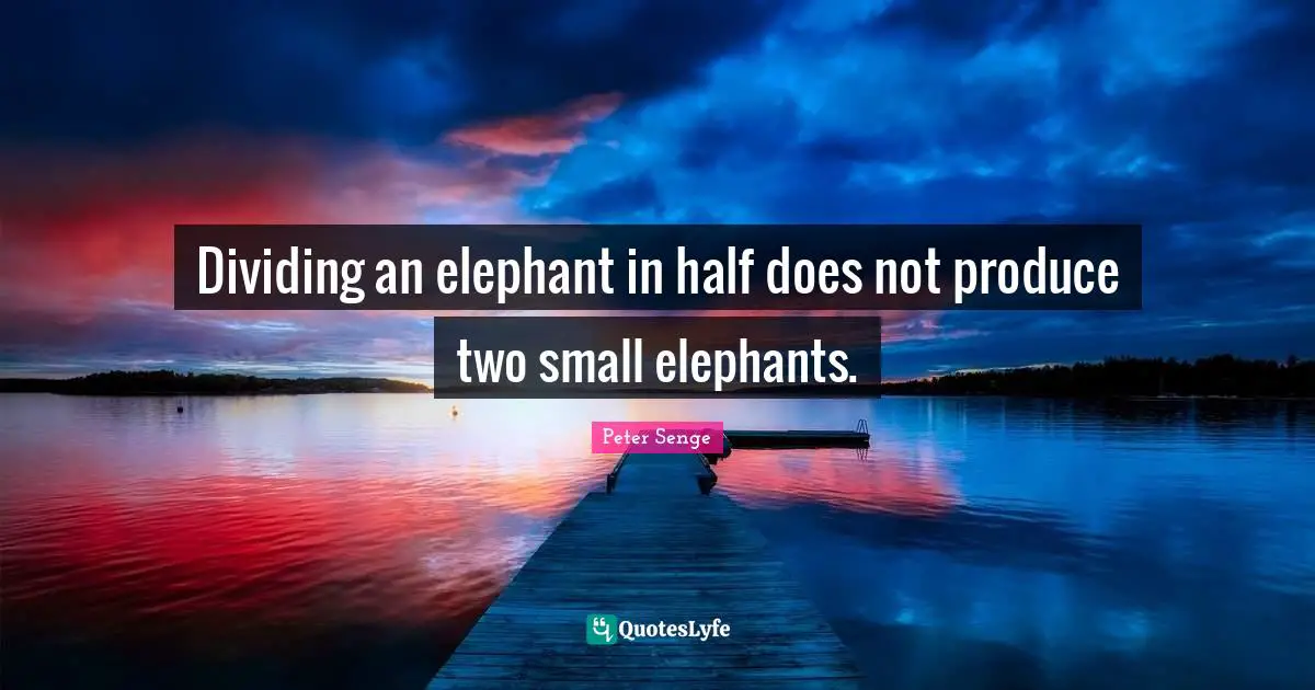 Peter Senge Quotes: "Dividing an elephant in half does not produce two small elephants."