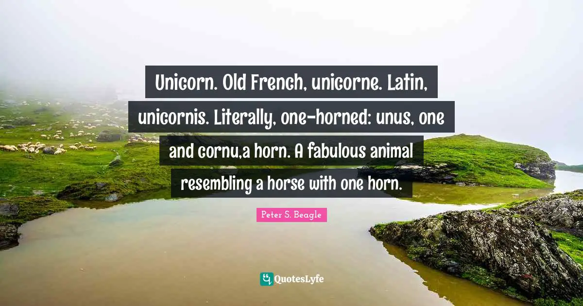 Peter S Beagle Quotes: "Unicorn. Old French, unicorne. Latin, unicornis. Literally, one-horned: unus, one and cornu,a horn. A fabulous animal resembling a horse with one horn."