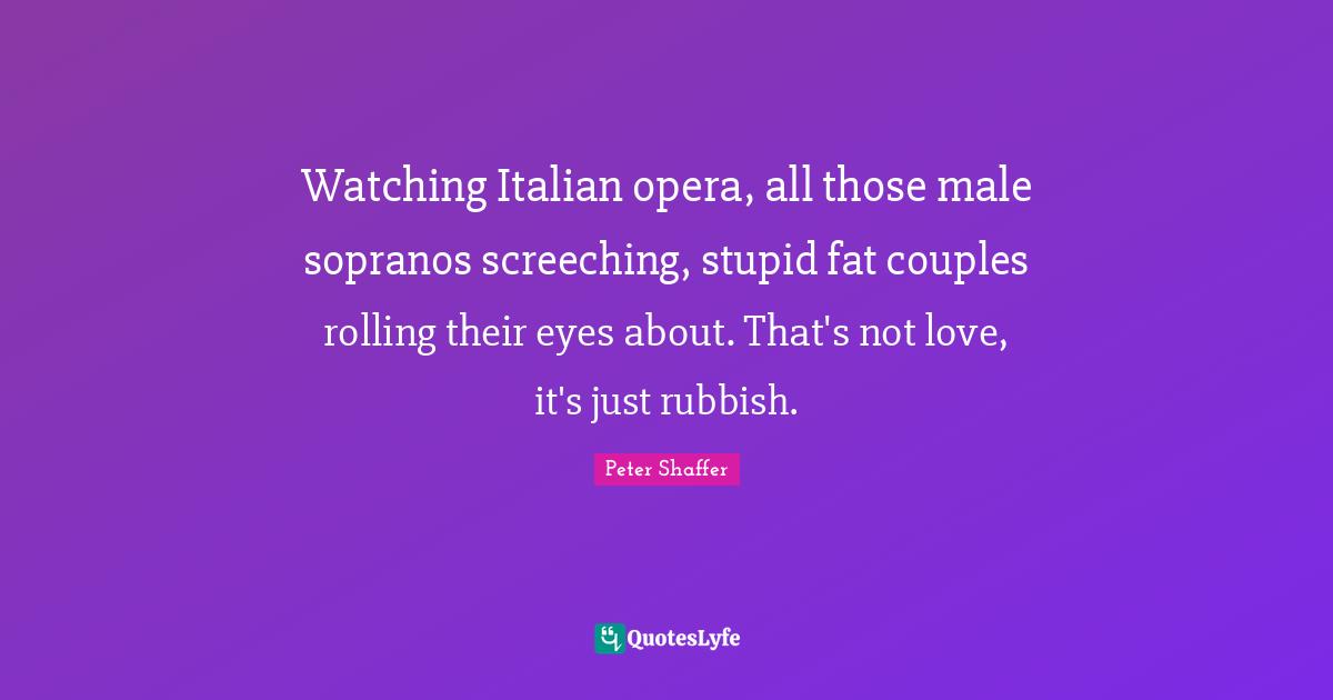 Watching Italian opera, all those male sopranos screeching, stupid fat couples rolling their eyes about. That's not love, it's just rubbish.