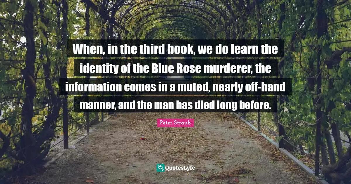 When, in the third book, we do learn the identity of the Blue Rose murderer, the information comes in a muted, nearly off-hand manner, and the man has died long before.