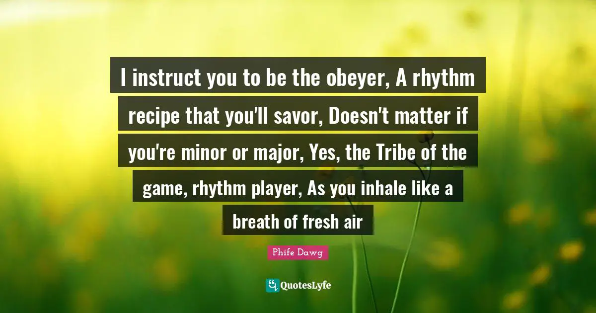 Rhythm Quotes: "I instruct you to be the obeyer, A rhythm recipe that you'll savor, Doesn't matter if you're minor or major, Yes, the Tribe of the game, rhythm player, As you inhale like a breath of fresh air"