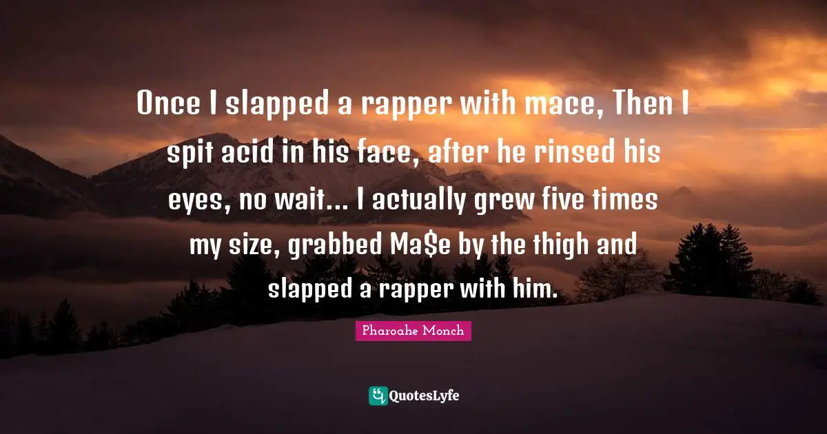 Once I slapped a rapper with mace, Then I spit acid in his face, after he rinsed his eyes, no wait... I actually grew five times my size, grabbed Ma$e by the thigh and slapped a rapper with him.