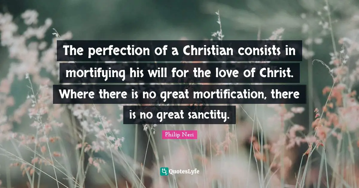 Philip Neri Quotes: "The perfection of a Christian consists in mortifying his will for the love of Christ. Where there is no great mortification, there is no great sanctity."