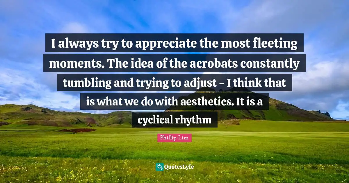 Aesthetics Quotes: "I always try to appreciate the most fleeting moments. The idea of the acrobats constantly tumbling and trying to adjust - I think that is what we do with aesthetics. It is a cyclical rhythm"