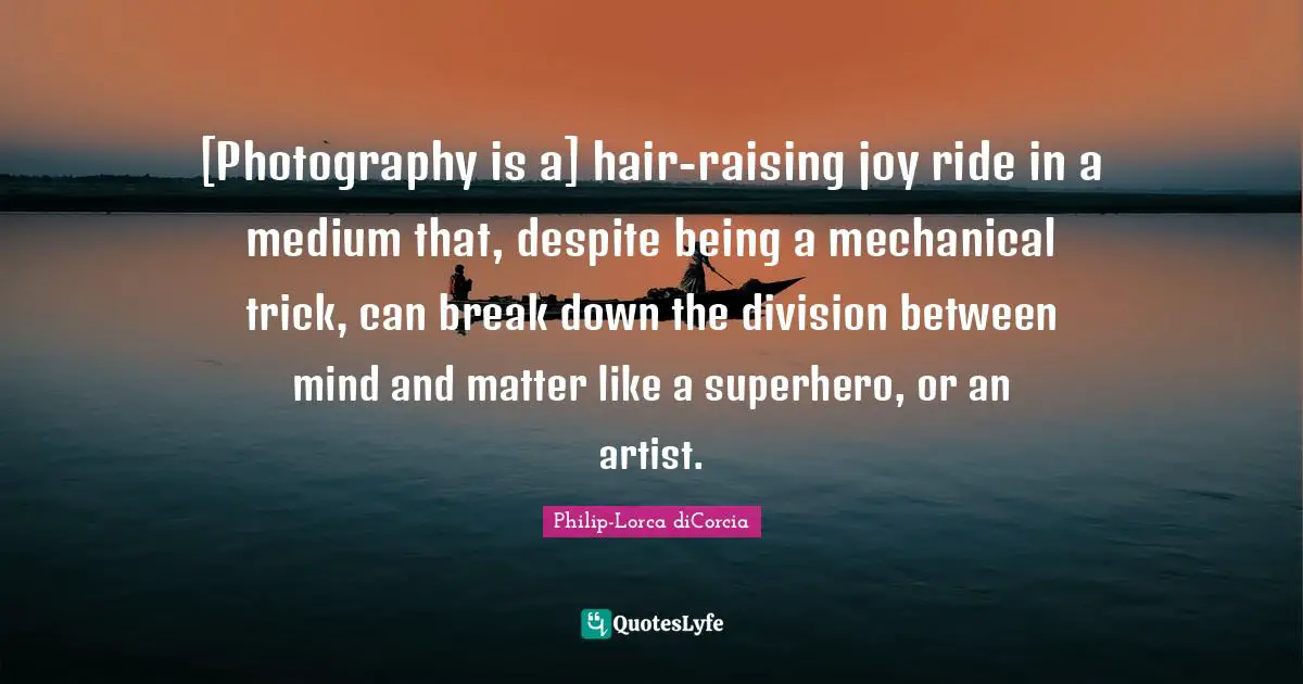 [Photography is a] hair-raising joy ride in a medium that, despite being a mechanical trick, can break down the division between mind and matter like a superhero, or an artist.