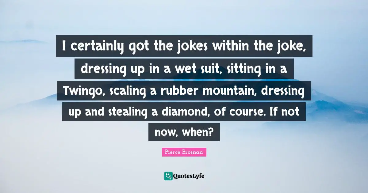 Pierce Brosnan Quotes: "I certainly got the jokes within the joke, dressing up in a wet suit, sitting in a Twingo, scaling a rubber mountain, dressing up and stealing a diamond, of course. If not now, when?"