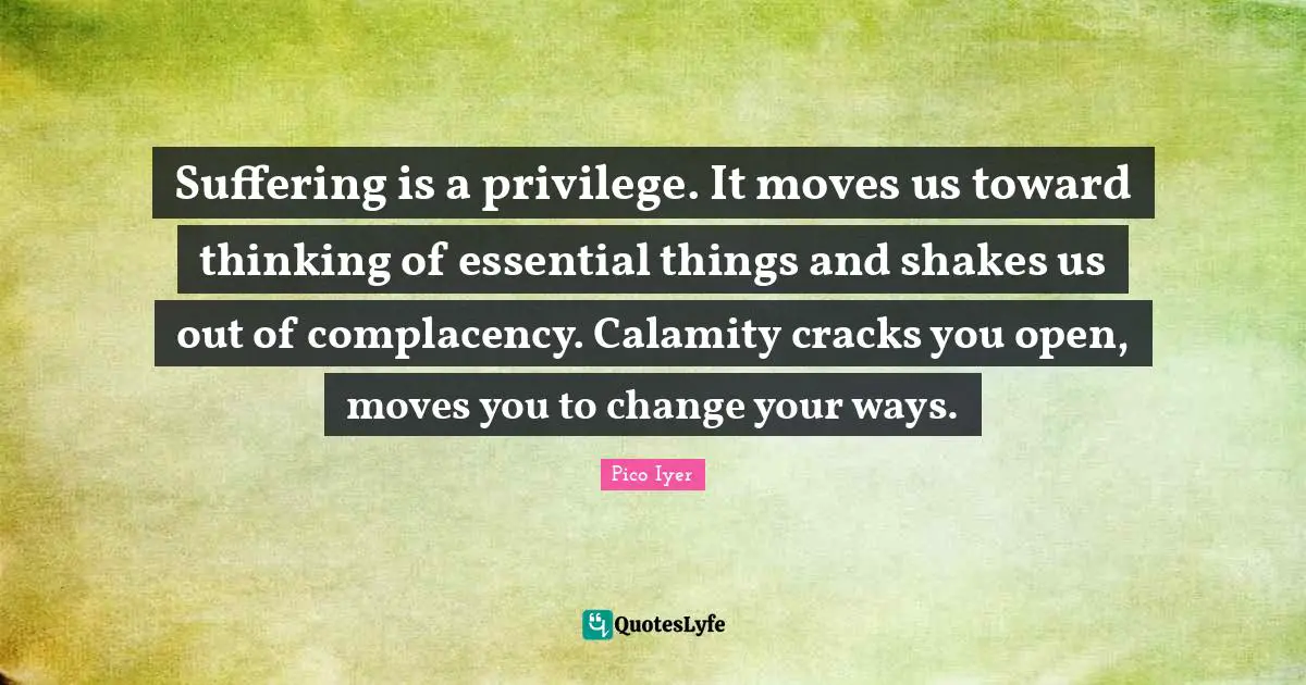 Suffering is a privilege. It moves us toward thinking of essential things and shakes us out of complacency. Calamity cracks you open, moves you to change your ways.