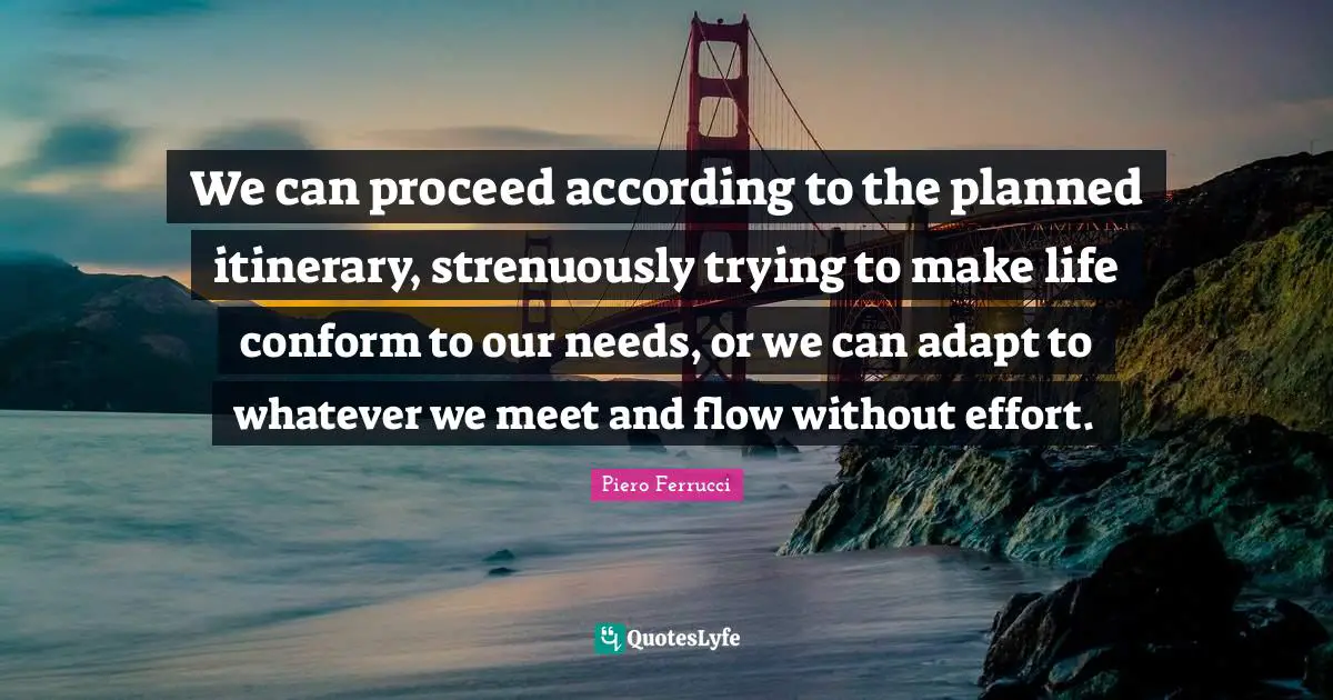 We can proceed according to the planned itinerary, strenuously trying to make life conform to our needs, or we can adapt to whatever we meet and flow without effort.