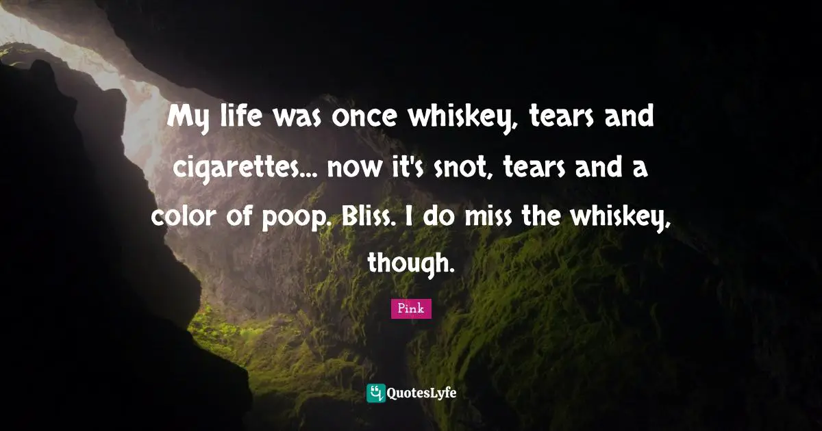 My life was once whiskey, tears and cigarettes... now it's snot, tears and a color of poop. Bliss. I do miss the whiskey, though.