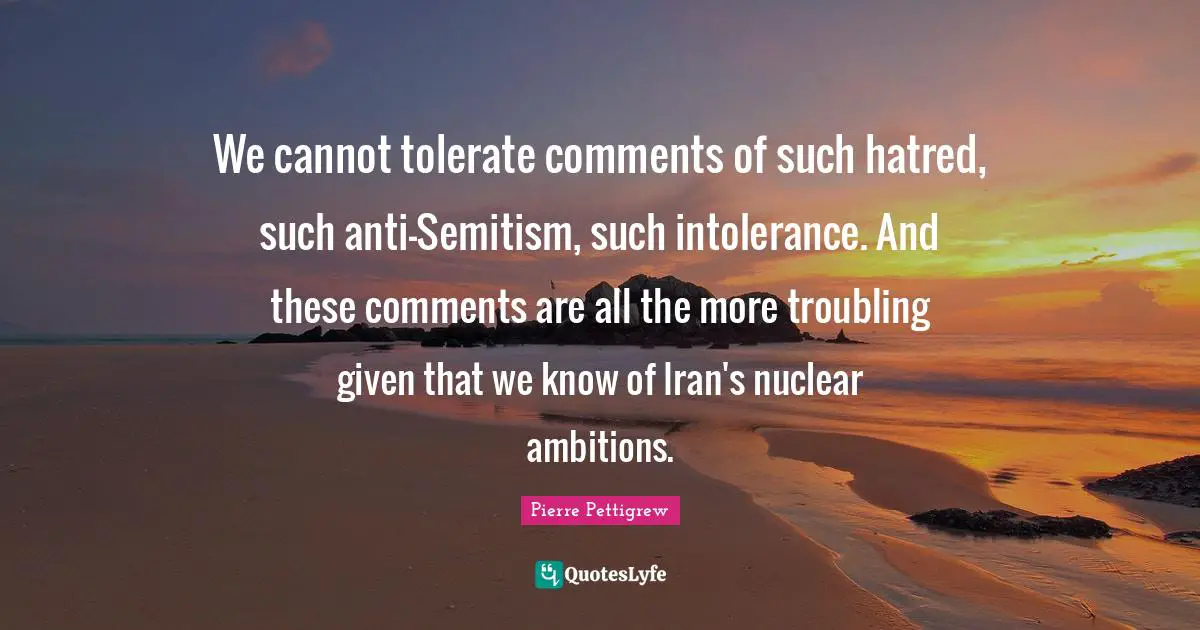 We cannot tolerate comments of such hatred, such anti-Semitism, such intolerance. And these comments are all the more troubling given that we know of Iran's nuclear ambitions.