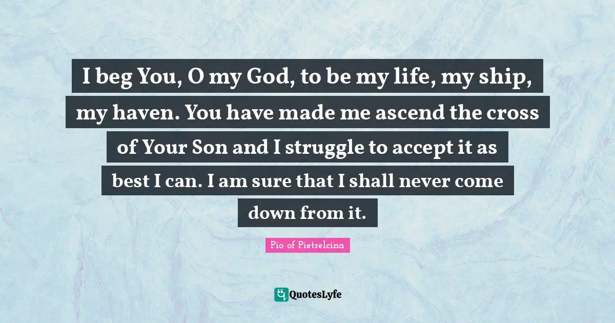I beg You, O my God, to be my life, my ship, my haven. You have made me ascend the cross of Your Son and I struggle to accept it as best I can. I am sure that I shall never come down from it.