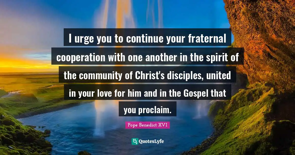 I urge you to continue your fraternal cooperation with one another in the spirit of the community of Christ's disciples, united in your love for him and in the Gospel that you proclaim.