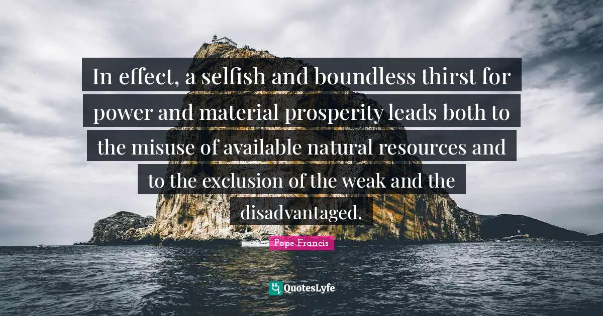 Boundless Quotes: "In effect, a selfish and boundless thirst for power and material prosperity leads both to the misuse of available natural resources and to the exclusion of the weak and the disadvantaged."