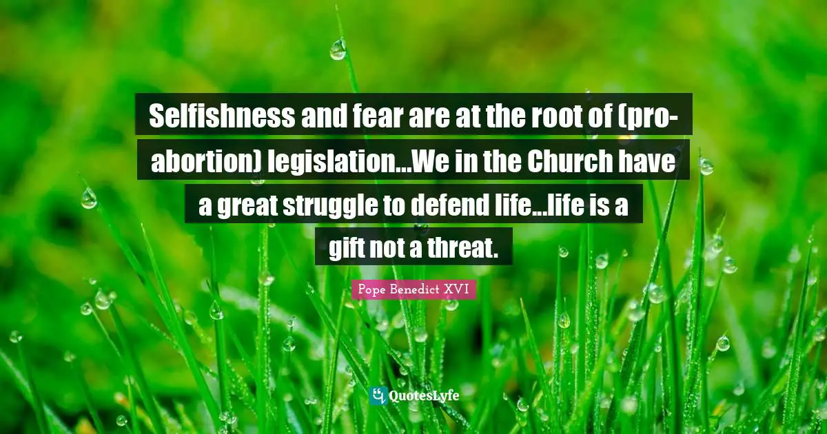 Selfishness and fear are at the root of (pro-abortion) legislation...We in the Church have a great struggle to defend life...life is a gift not a threat.