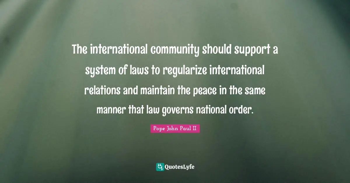 The international community should support a system of laws to regularize international relations and maintain the peace in the same manner that law governs national order.