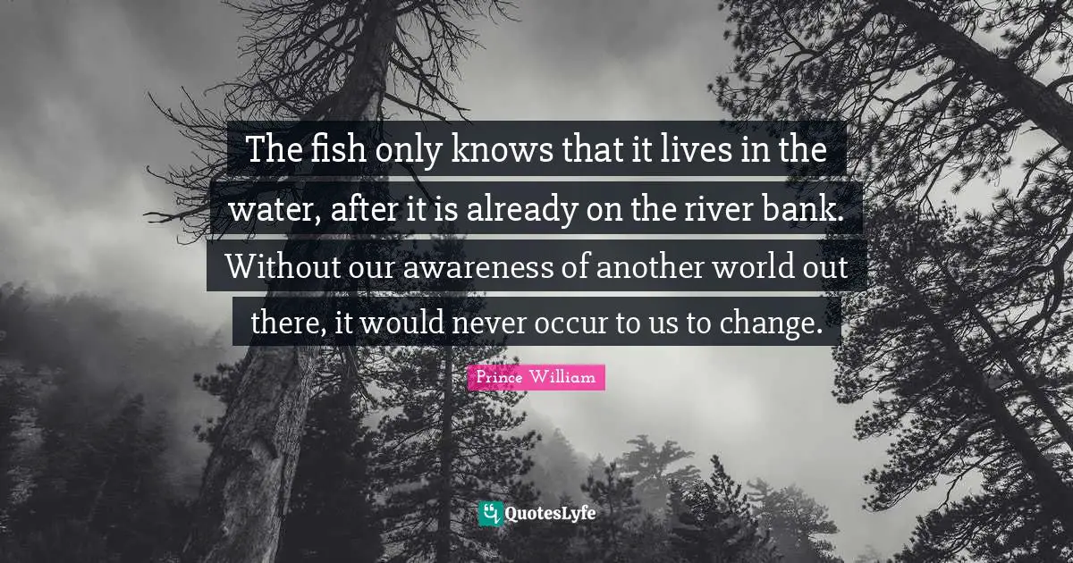 Another World Quotes: "The fish only knows that it lives in the water, after it is already on the river bank. Without our awareness of another world out there, it would never occur to us to change."