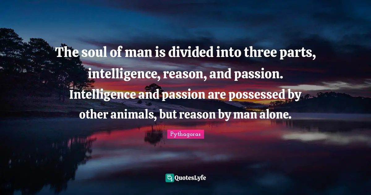 Pythagoras Quotes: The soul of man is divided into three parts, intelligence, reason, and passion. Intelligence and passion are possessed by other animals, but reason by man alone.