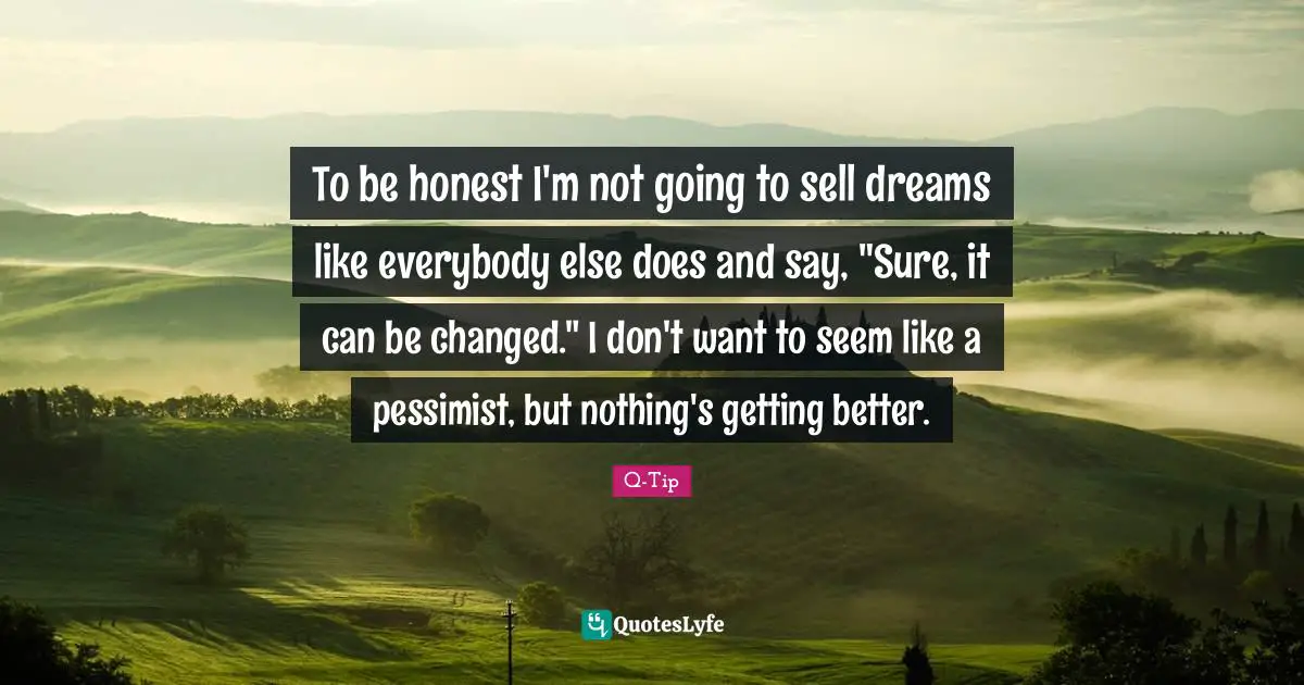 Q-Tip Quotes: "To be honest I'm not going to sell dreams like everybody else does and say, "Sure, it can be changed." I don't want to seem like a pessimist, but nothing's getting better."