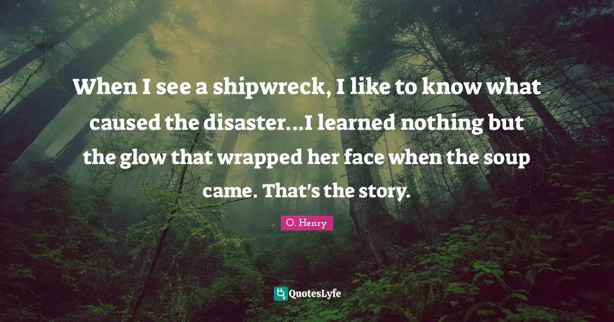 When I see a shipwreck, I like to know what caused the disaster...I learned nothing but the glow that wrapped her face when the soup came. That's the story.