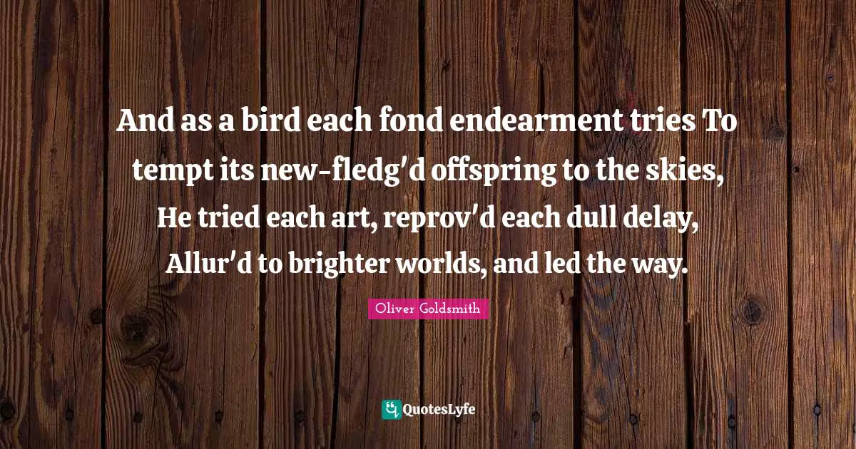 And as a bird each fond endearment tries To tempt its new-fledg'd offspring to the skies, He tried each art, reprov'd each dull delay, Allur'd to brighter worlds, and led the way.