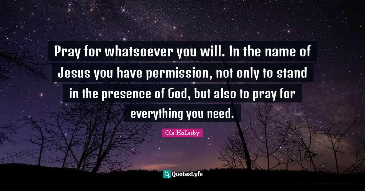 O. Hallesby Quotes: "Pray for whatsoever you will. In the name of Jesus you have permission, not only to stand in the presence of God, but also to pray for everything you need."