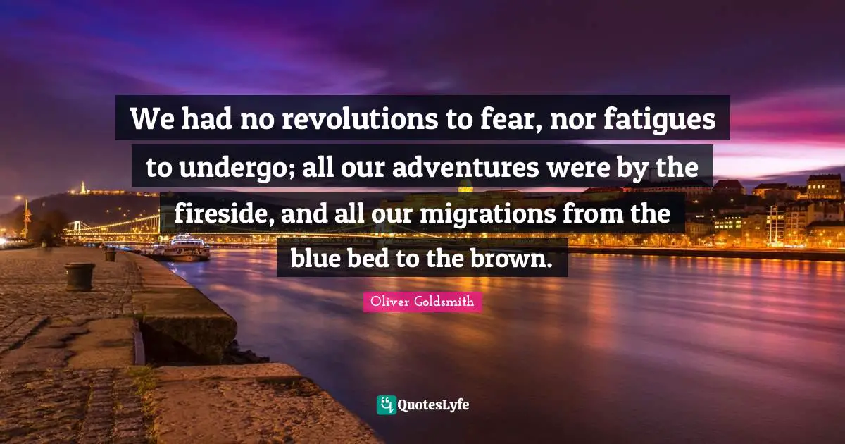 We had no revolutions to fear, nor fatigues to undergo; all our adventures were by the fireside, and all our migrations from the blue bed to the brown.
