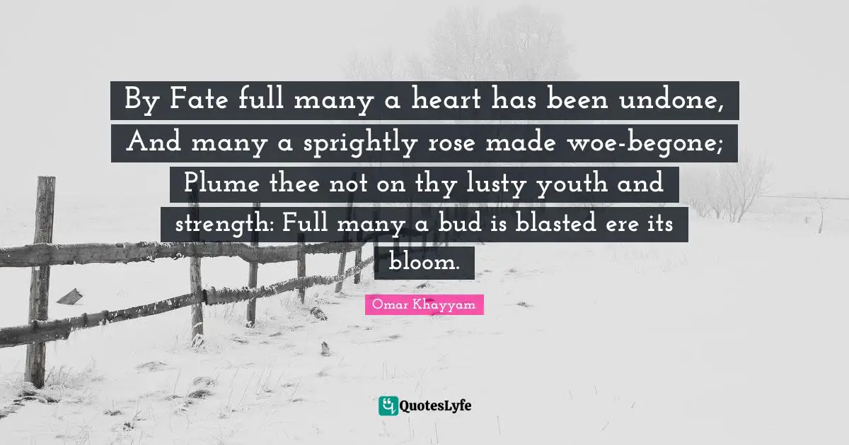 Undone Quotes: "By Fate full many a heart has been undone, And many a sprightly rose made woe-begone; Plume thee not on thy lusty youth and strength: Full many a bud is blasted ere its bloom."