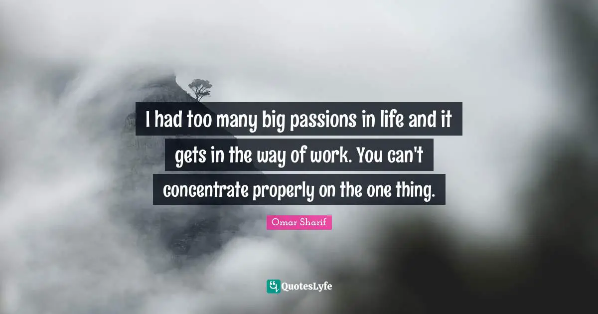 I had too many big passions in life and it gets in the way of work. You can't concentrate properly on the one thing.