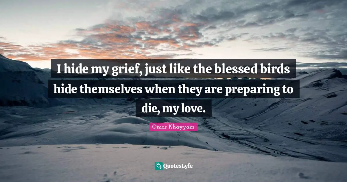 Omar Khayyam Quotes: "I hide my grief, just like the blessed birds hide themselves when they are preparing to die, my love."