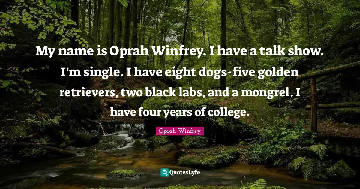 My name is Oprah Winfrey. I have a talk show. I'm single. I have eight dogs-five golden retrievers, two black labs, and a mongrel. I have four years of college.