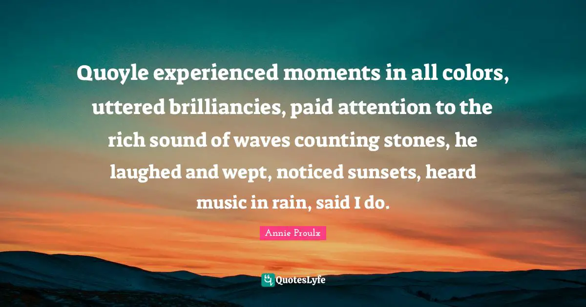 Quoyle experienced moments in all colors, uttered brilliancies, paid attention to the rich sound of waves counting stones, he laughed and wept, noticed sunsets, heard music in rain, said I do.