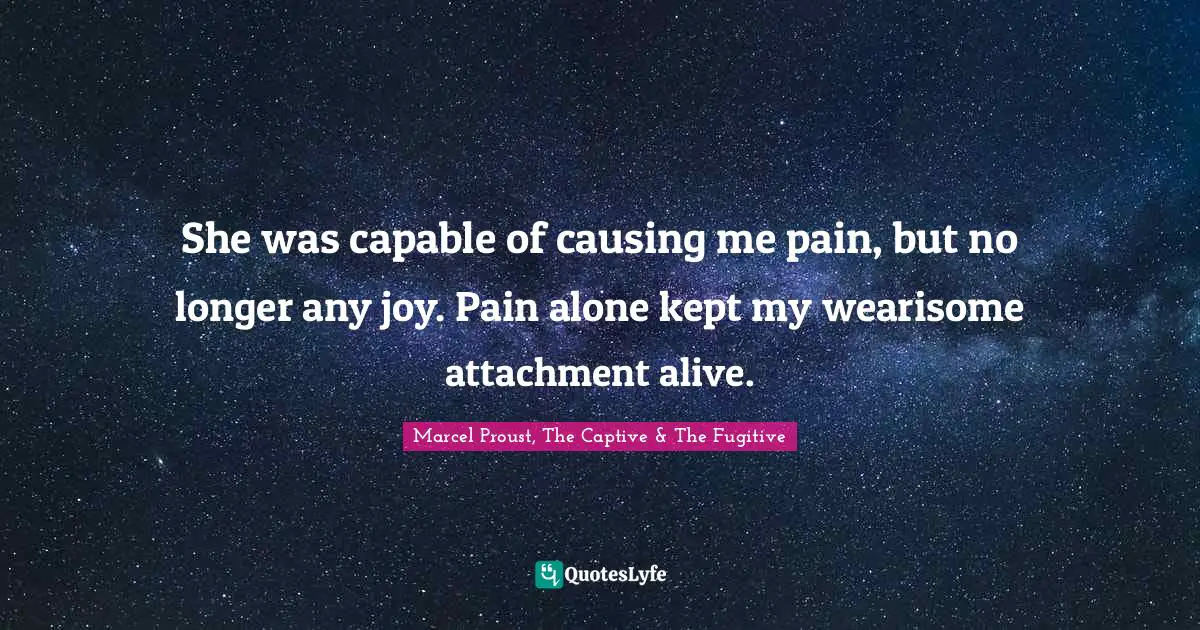 She was capable of causing me pain, but no longer any joy. Pain alone kept my wearisome attachment alive.