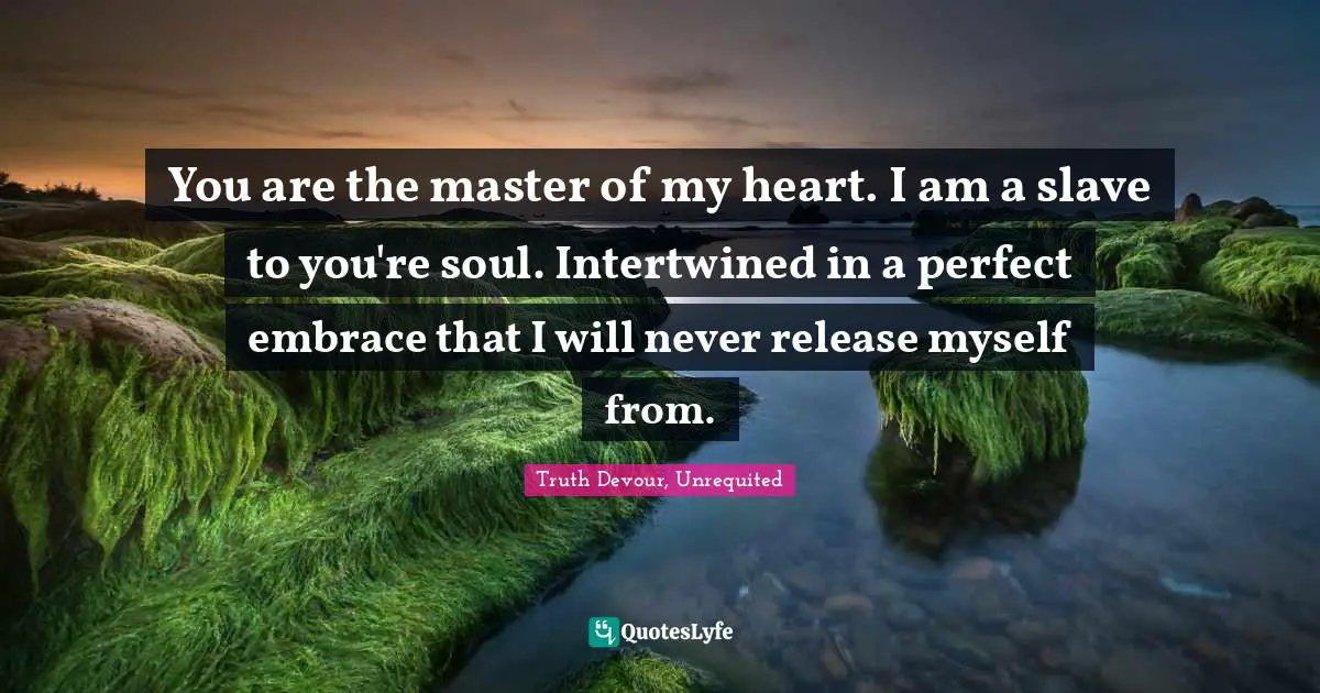 You are the master of my heart. I am a slave to you're soul. Intertwined in a perfect embrace that I will never release myself from.