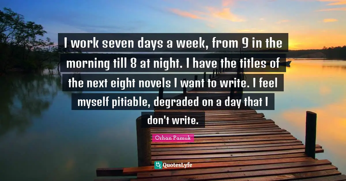 I work seven days a week, from 9 in the morning till 8 at night. I have the titles of the next eight novels I want to write. I feel myself pitiable, degraded on a day that I don't write.