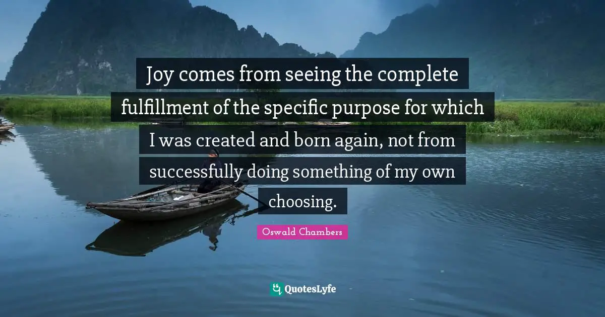 Joy comes from seeing the complete fulfillment of the specific purpose for which I was created and born again, not from successfully doing something of my own choosing.
