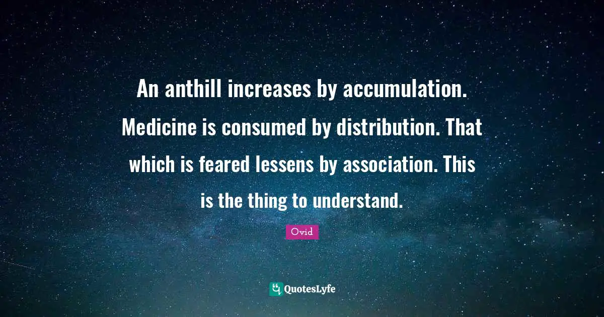 An anthill increases by accumulation. Medicine is consumed by distribution. That which is feared lessens by association. This is the thing to understand.