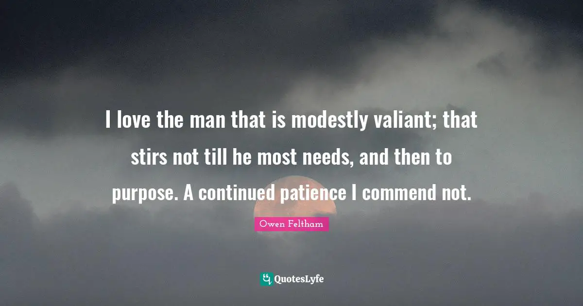 I love the man that is modestly valiant; that stirs not till he most needs, and then to purpose. A continued patience I commend not.