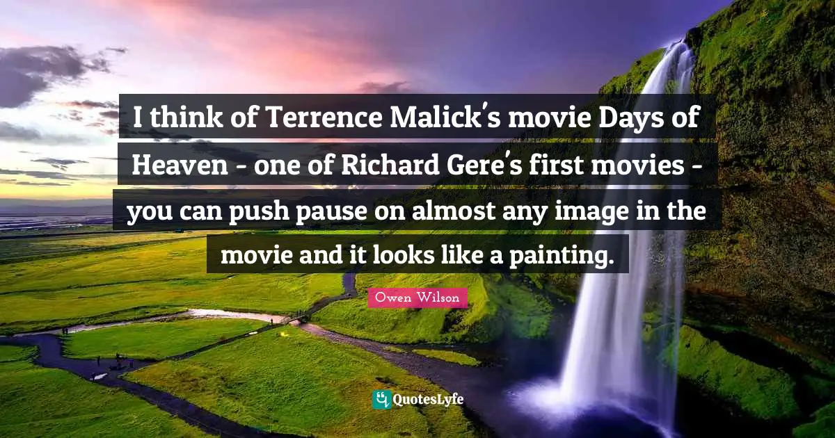 Owen Wilson Quotes: "I think of Terrence Malick's movie Days of Heaven - one of Richard Gere's first movies - you can push pause on almost any image in the movie and it looks like a painting."