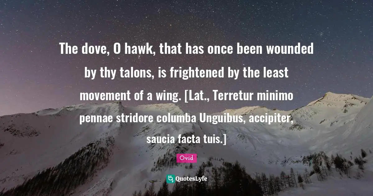 The dove, O hawk, that has once been wounded by thy talons, is frightened by the least movement of a wing. [Lat., Terretur minimo pennae stridore columba Unguibus, accipiter, saucia facta tuis.]
