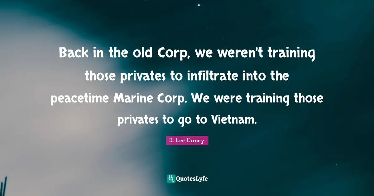 Back in the old Corp, we weren't training those privates to infiltrate into the peacetime Marine Corp. We were training those privates to go to Vietnam.