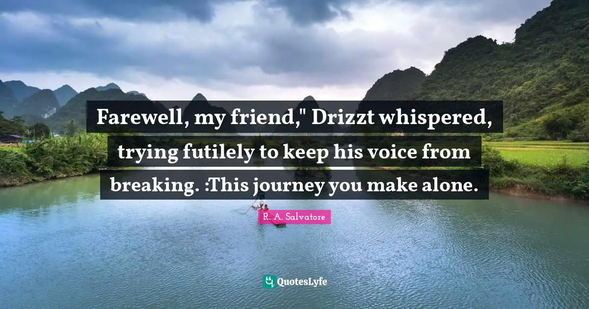 Farewell, my friend," Drizzt whispered, trying futilely to keep his voice from breaking. :This journey you make alone.