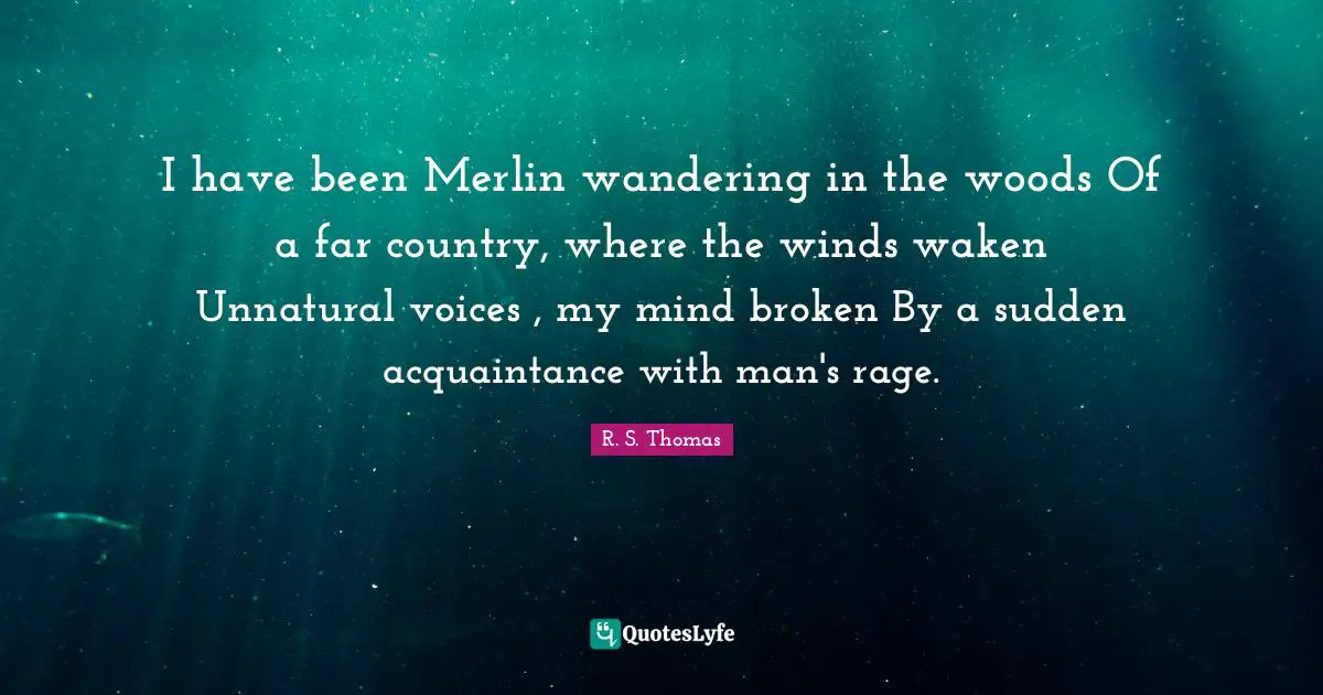 I have been Merlin wandering in the woods Of a far country, where the winds waken Unnatural voices , my mind broken By a sudden acquaintance with man's rage.