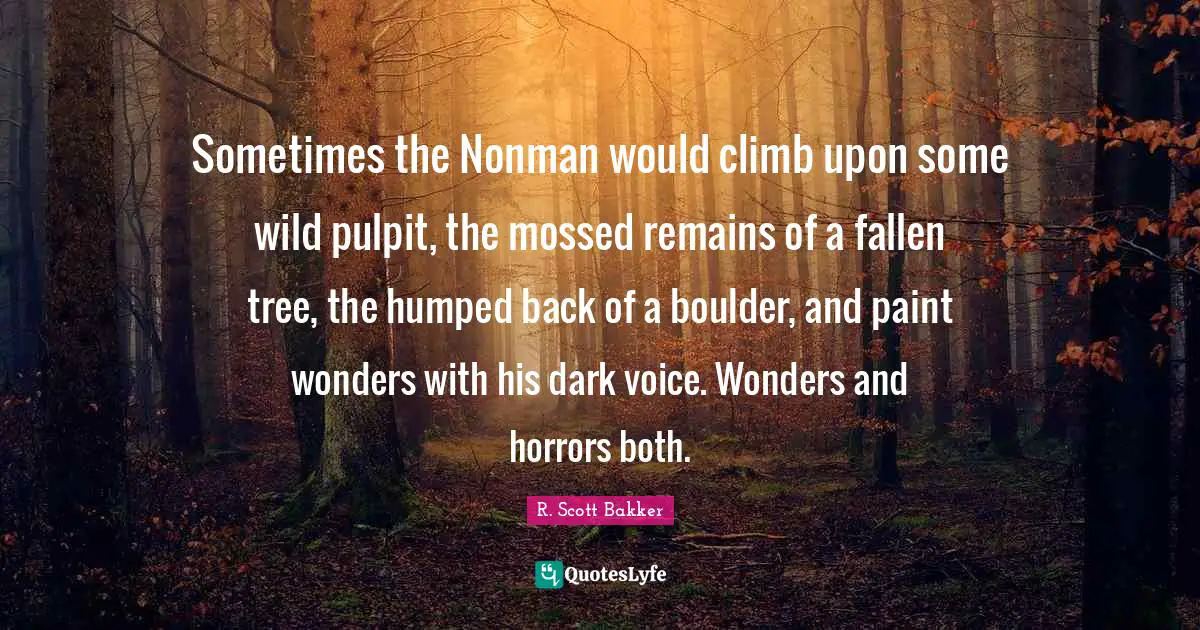 Sometimes the Nonman would climb upon some wild pulpit, the mossed remains of a fallen tree, the humped back of a boulder, and paint wonders with his dark voice. Wonders and horrors both.