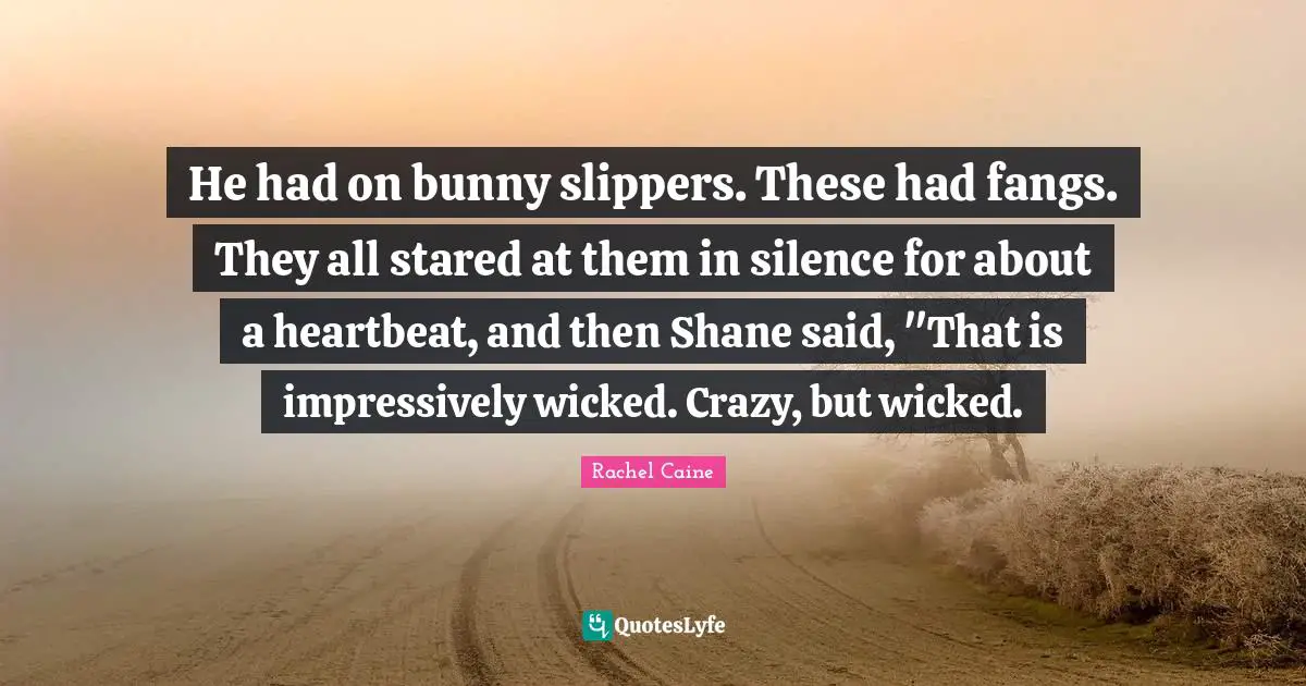 He had on bunny slippers. These had fangs. They all stared at them in silence for about a heartbeat, and then Shane said, "That is impressively wicked. Crazy, but wicked.