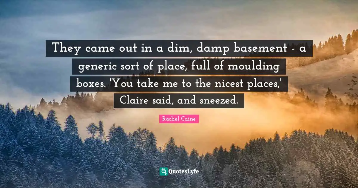 They came out in a dim, damp basement - a generic sort of place, full of moulding boxes. 'You take me to the nicest places,' Claire said, and sneezed.
