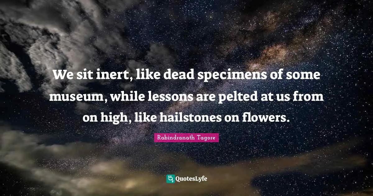 We sit inert, like dead specimens of some museum, while lessons are pelted at us from on high, like hailstones on flowers.