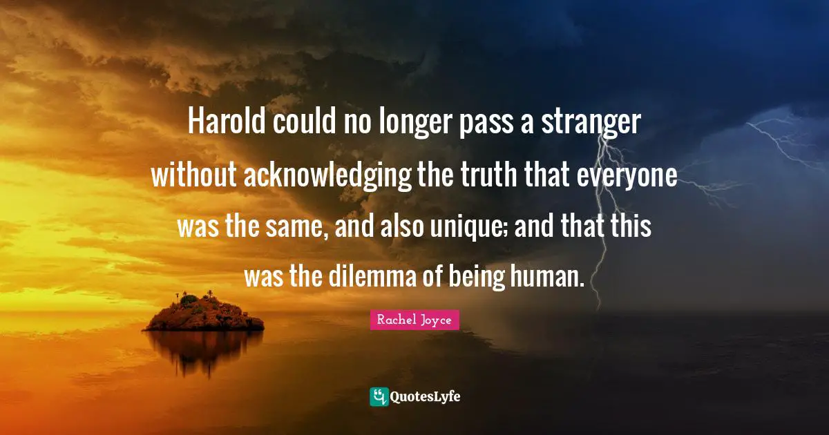 Harold could no longer pass a stranger without acknowledging the truth that everyone was the same, and also unique; and that this was the dilemma of being human.