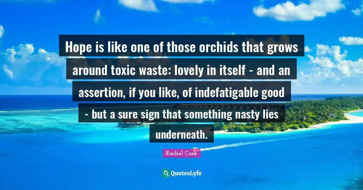 Waste Quotes: "Hope is like one of those orchids that grows around toxic waste: lovely in itself - and an assertion, if you like, of indefatigable good - but a sure sign that something nasty lies underneath."
